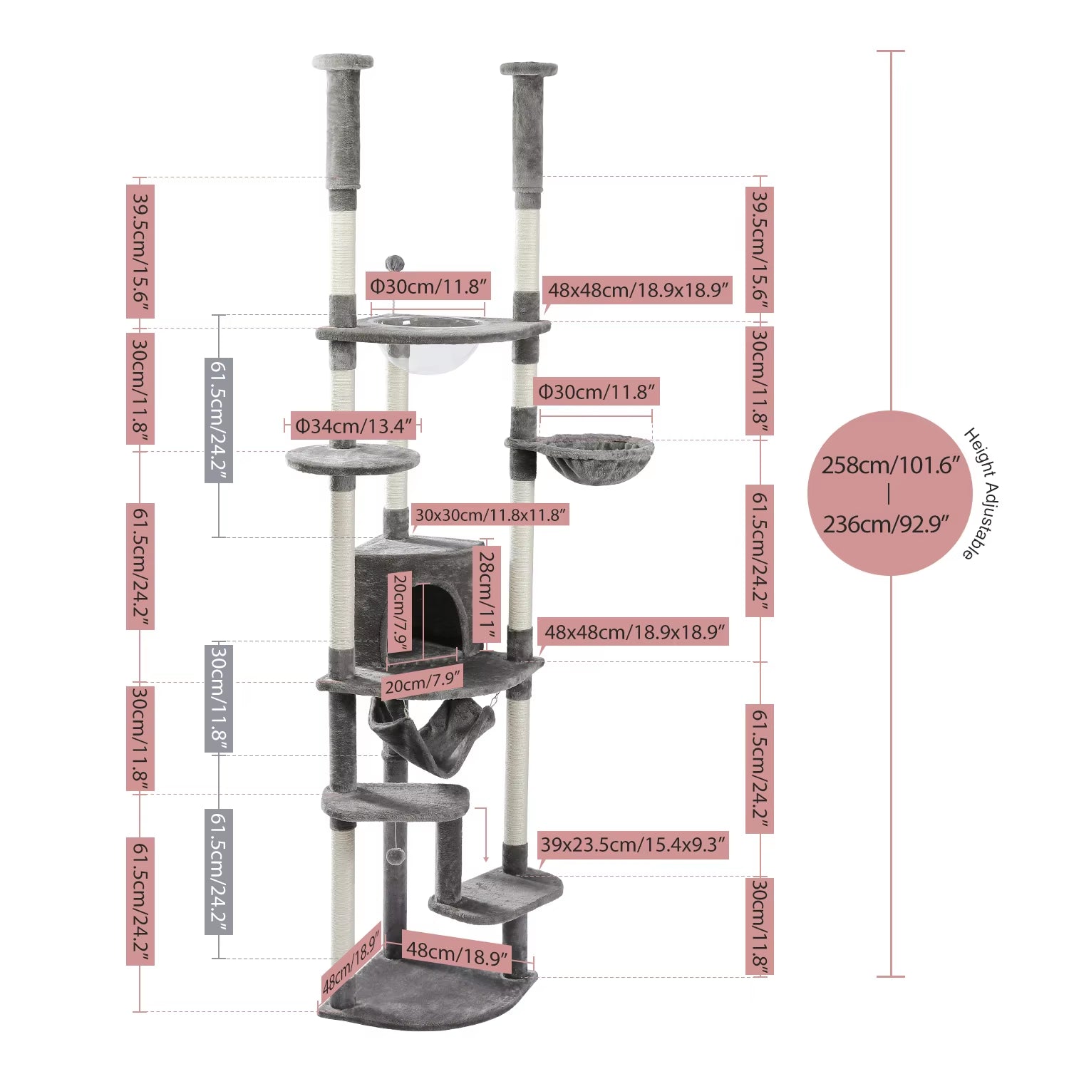 Height 230-252CM Cactus Cat Tree Floor to Ceiling with Green Leaves Tall Tower 7 Tiers Climbing Tree with Cozy Hammocks Condos